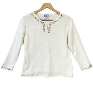 VTG BFA Classics Embroidered beaded Floral Embellished Sweater Ramie Granny Core